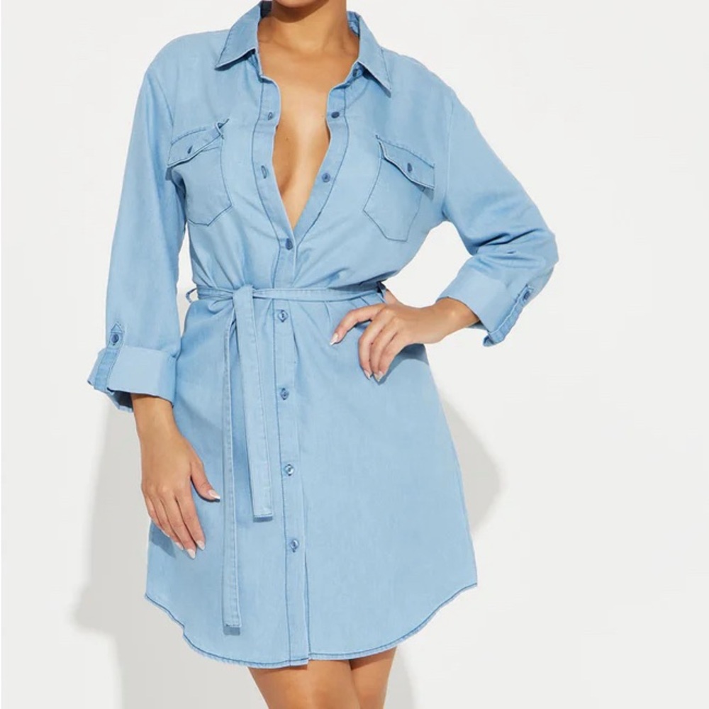 Fashion Nova Women’s Chambray Long Sleeve Button Down Collar Shirt Dress W/ Belt